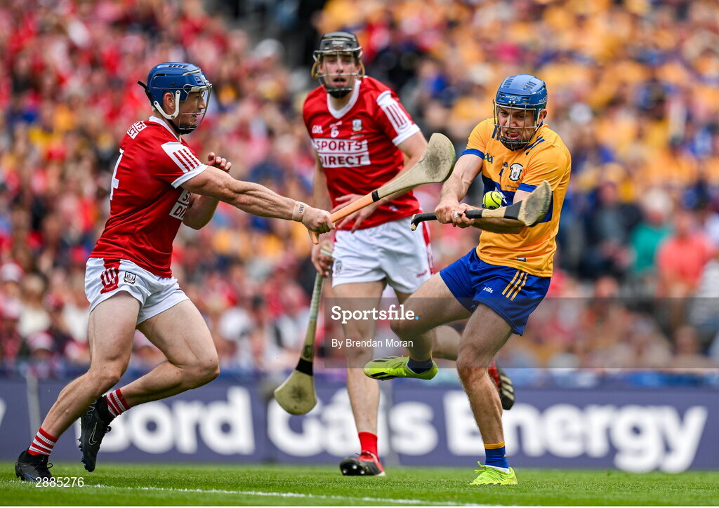 21 July 2024; Shane O'Donnell of Clare has a shot blocked by Seán O'Donoghue of Cork during the GAA Hurling All-Ireland Senior Championship Final between Clare and Cork at Croke Park in Dublin. Photo by Brendan Moran/Sportsfile