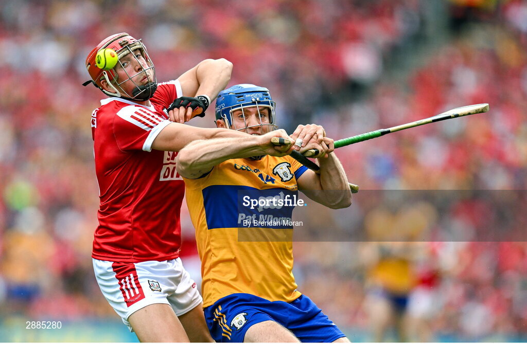 21 July 2024; Shane O'Donnell of Clare in action against Seán O'Donoghue of Cork during the GAA Hurling All-Ireland Senior Championship Final between Clare and Cork at Croke Park in Dublin. Photo by Brendan Moran/Sportsfile
