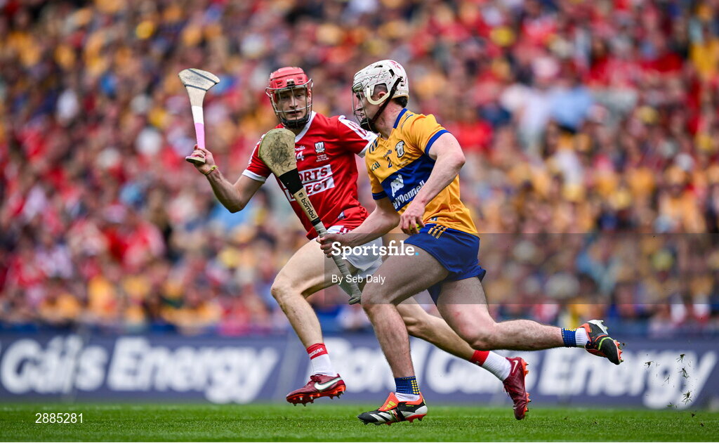 21 July 2024; Adam Hogan of Clare in action against Alan Connolly of Cork during the GAA Hurling All-Ireland Senior Championship Final match between Clare and Cork at Croke Park in Dublin. Photo by Seb Daly/Sportsfile