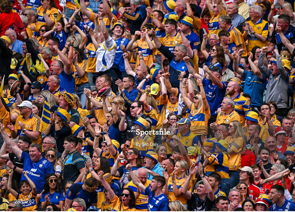 21 July 2024; Clare supporters celebrate during the GAA Hurling All-Ireland Senior Championship Final match between Clare and Cork at Croke Park in Dublin. Photo by Seb Daly/Sportsfile