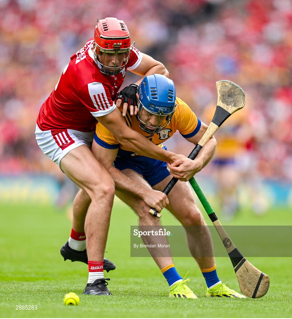 21 July 2024; Shane O'Donnell of Clare in action against Seán O'Donoghue of Cork during the GAA Hurling All-Ireland Senior Championship Final between Clare and Cork at Croke Park in Dublin. Photo by Brendan Moran/Sportsfile