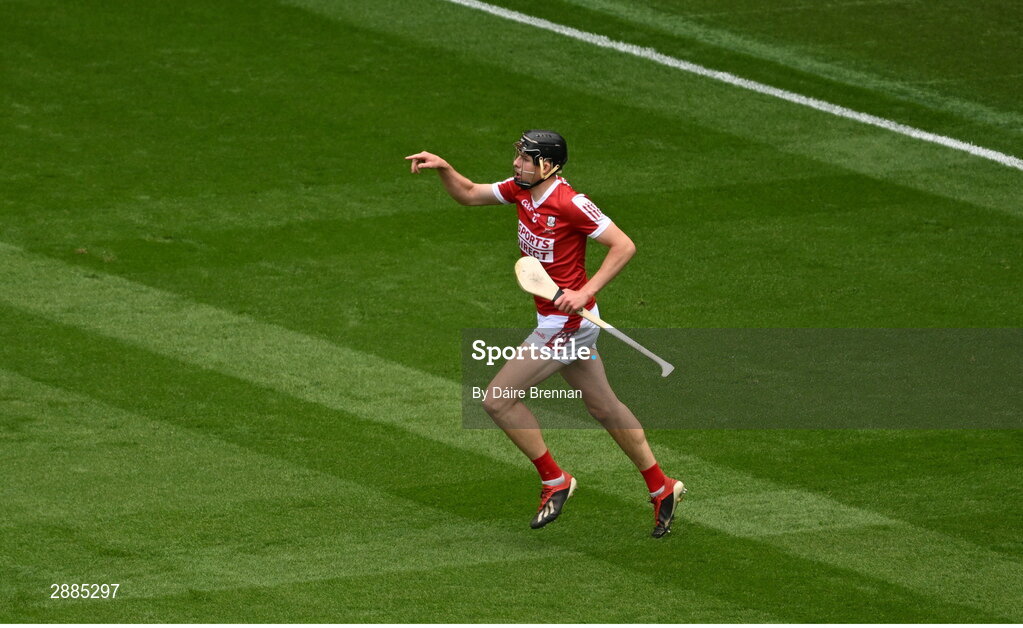 21 July 2024; Robert Downey of Cork celebrates after scoring his side's first goal during the GAA Hurling All-Ireland Senior Championship Final between Clare and Cork at Croke Park in Dublin. Photo by Daire Brennan/Sportsfile
