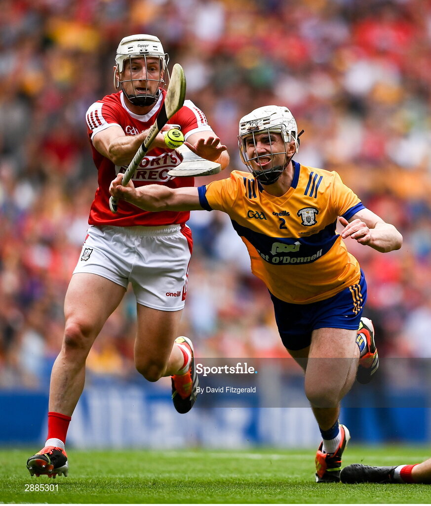 21 July 2024; Patrick Horgan of Cork in action against Adam Hogan of Clare during the GAA Hurling All-Ireland Senior Championship Final between Clare and Cork at Croke Park in Dublin. Photo by David Fitzgerald/Sportsfile