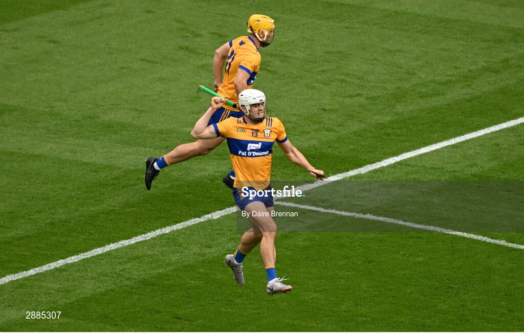 21 July 2024; Aidan McCarthy of Clare celebrates after scoring his side's first goal during the GAA Hurling All-Ireland Senior Championship Final between Clare and Cork at Croke Park in Dublin. Photo by Daire Brennan/Sportsfile