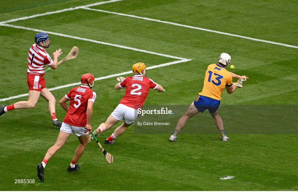 21 July 2024; Aidan McCarthy of Clare celebrates after scoring his side's first goal during the GAA Hurling All-Ireland Senior Championship Final between Clare and Cork at Croke Park in Dublin. Photo by Daire Brennan/Sportsfile