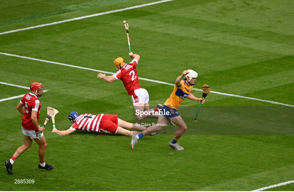 21 July 2024; Aidan McCarthy of Clare celebrates after scoring his side's first goal during the GAA Hurling All-Ireland Senior Championship Final between Clare and Cork at Croke Park in Dublin. Photo by Daire Brennan/Sportsfile