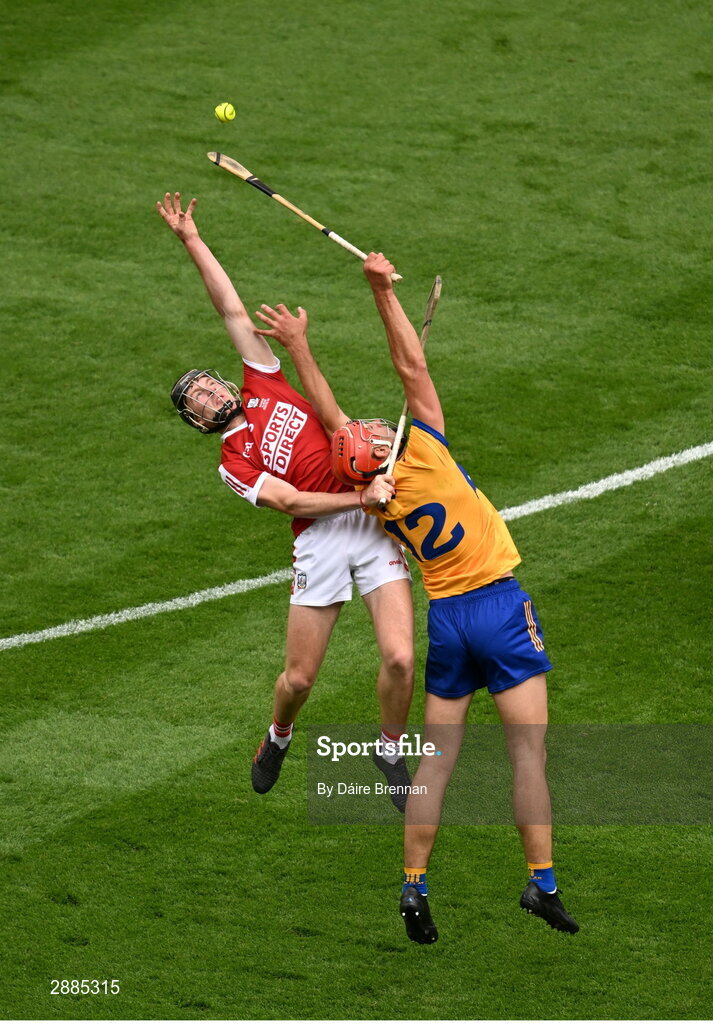 21 July 2024; Peter Duggan of Clare in action against Eoin Downey of Cork during the GAA Hurling All-Ireland Senior Championship Final between Clare and Cork at Croke Park in Dublin. Photo by Daire Brennan/Sportsfile