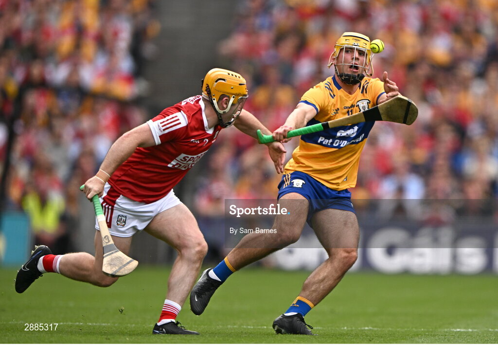 21 July 2024; Mark Rodgers of Clare in action against Niall O'Leary of Cork during the GAA Hurling All-Ireland Senior Championship Final between Clare and Cork at Croke Park in Dublin. Photo by Sam Barnes/Sportsfile