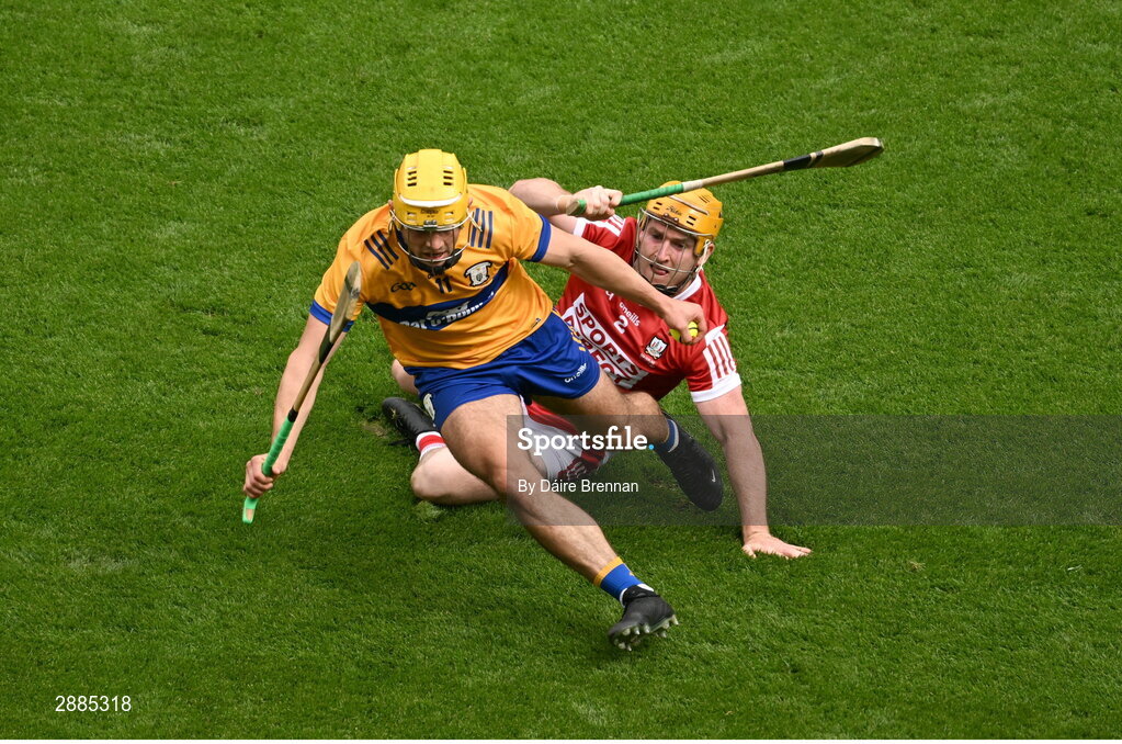 21 July 2024; Mark Rodgers of Clare in action against Niall O'Leary of Cork during the GAA Hurling All-Ireland Senior Championship Final between Clare and Cork at Croke Park in Dublin. Photo by Daire Brennan/Sportsfile