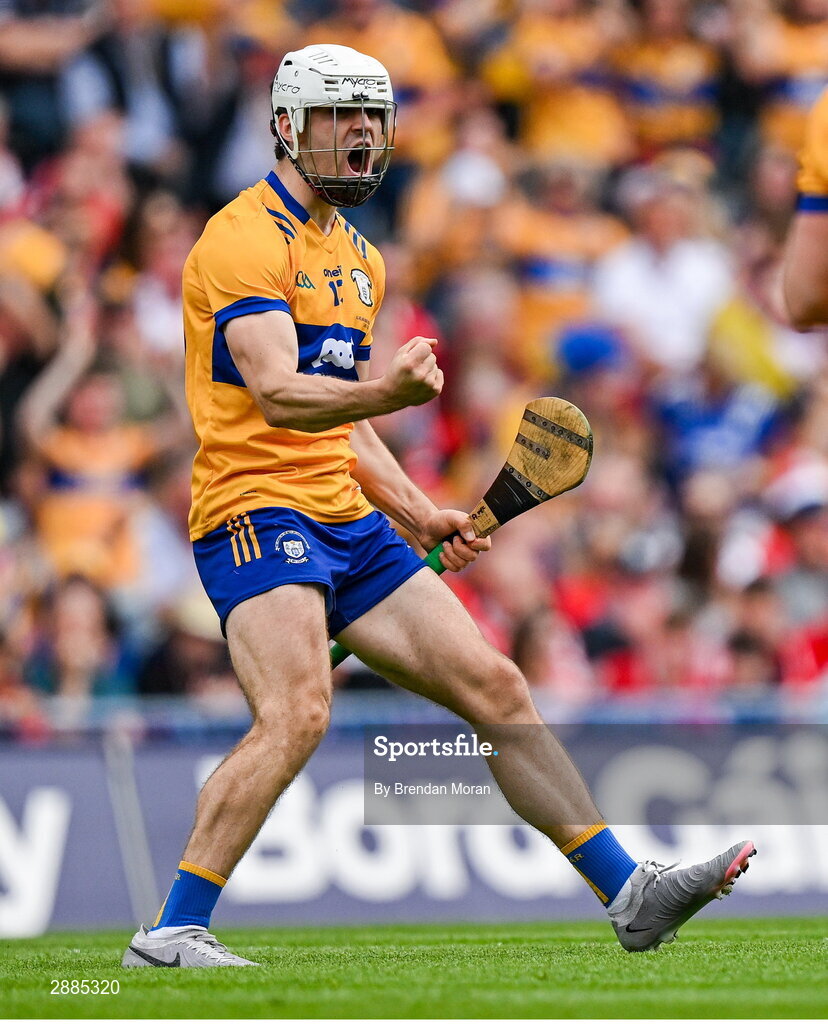 21 July 2024; Aidan McCarthy of Clare celebrates after scoring his side's first goal during the GAA Hurling All-Ireland Senior Championship Final between Clare and Cork at Croke Park in Dublin. Photo by Brendan Moran/Sportsfile