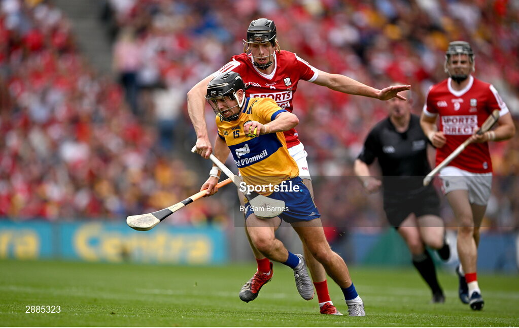 21 July 2024; David Reidy of Clare in action against Robert Downey of Cork during the GAA Hurling All-Ireland Senior Championship Final between Clare and Cork at Croke Park in Dublin. Photo by Sam Barnes/Sportsfile