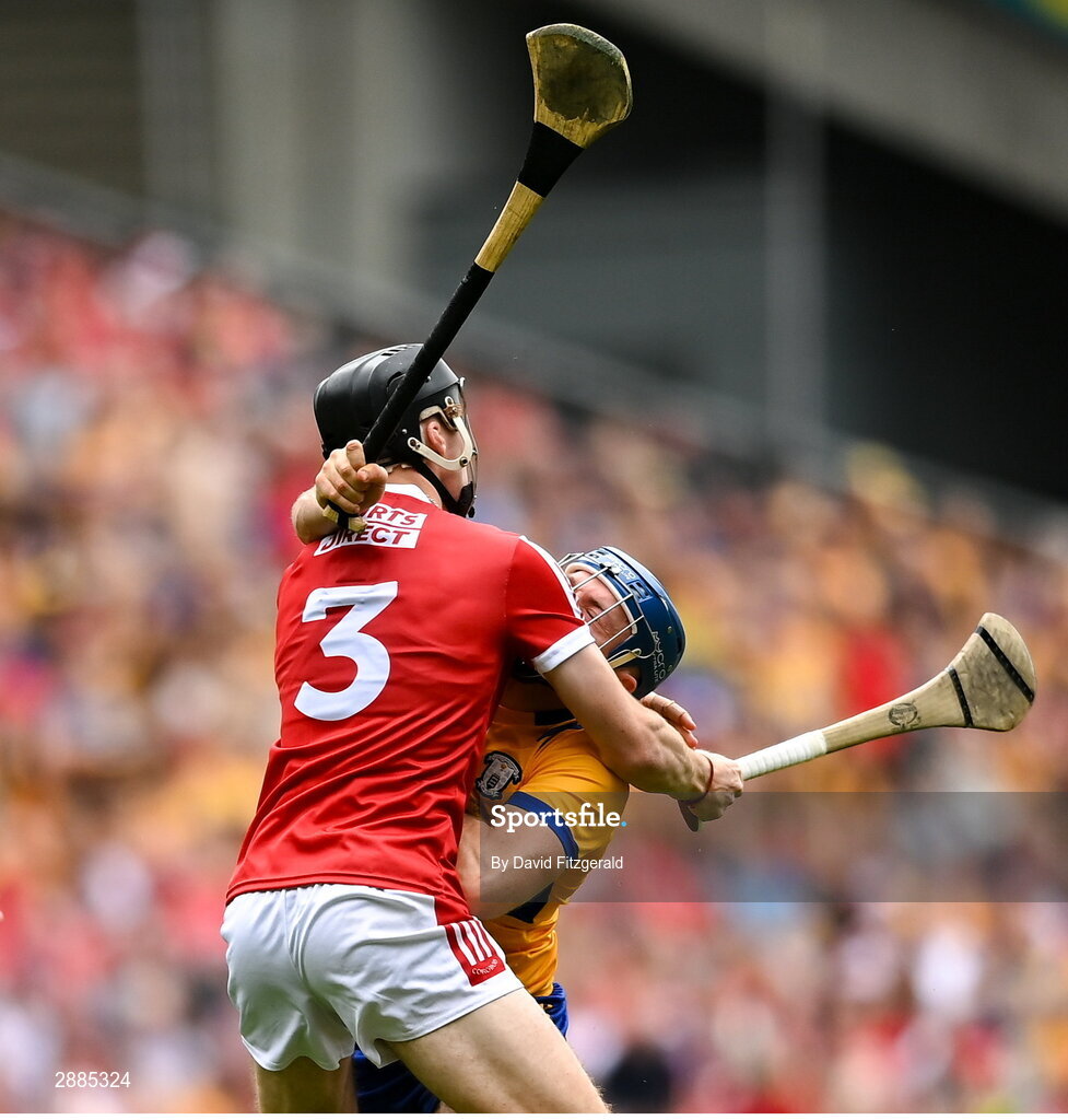 21 July 2024; Shane O'Donnell of Clare in action against Eoin Downey of Cork during the GAA Hurling All-Ireland Senior Championship Final between Clare and Cork at Croke Park in Dublin. Photo by David Fitzgerald/Sportsfile