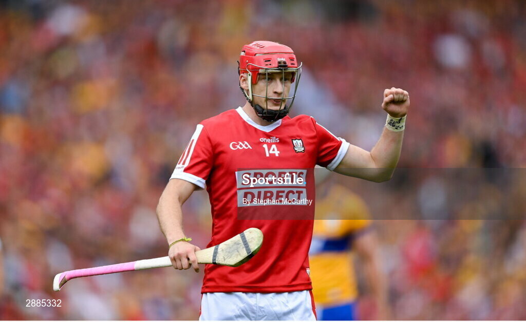 21 July 2024; Alan Connolly of Cork celebrates a team-mates score during the GAA Hurling All-Ireland Senior Championship Final between Clare and Cork at Croke Park in Dublin. Photo by Stephen McCarthy/Sportsfile