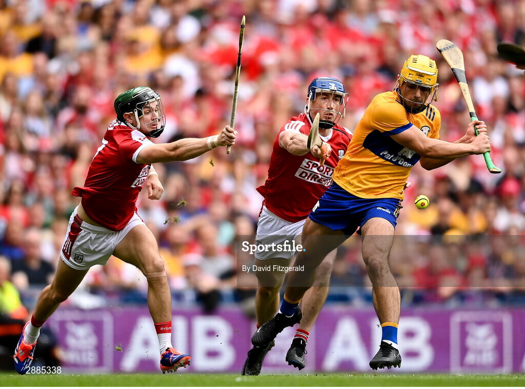 21 July 2024; Mark Rodgers of Clare scores his side's second goal during the GAA Hurling All-Ireland Senior Championship Final between Clare and Cork at Croke Park in Dublin. Photo by David Fitzgerald/Sportsfile