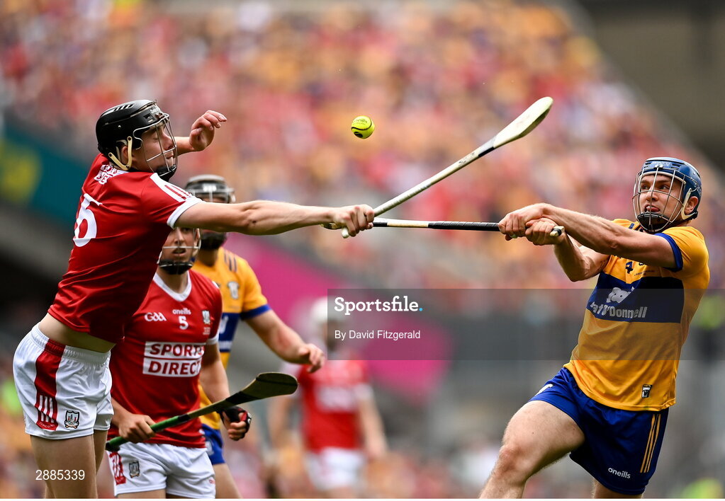 21 July 2024; Shane O'Donnell of Clare in action against Robert Downey of Cork during the GAA Hurling All-Ireland Senior Championship Final between Clare and Cork at Croke Park in Dublin. Photo by David Fitzgerald/Sportsfile