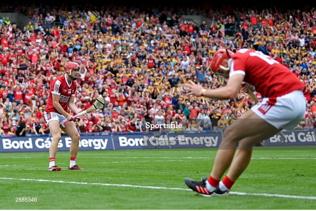 21 July 2024; Alan Connolly, left, and Brian Hayes of Cork react to a missed opportunity on goal during the GAA Hurling All-Ireland Senior Championship Final between Clare and Cork at Croke Park in Dublin. Photo by Stephen McCarthy/Sportsfile