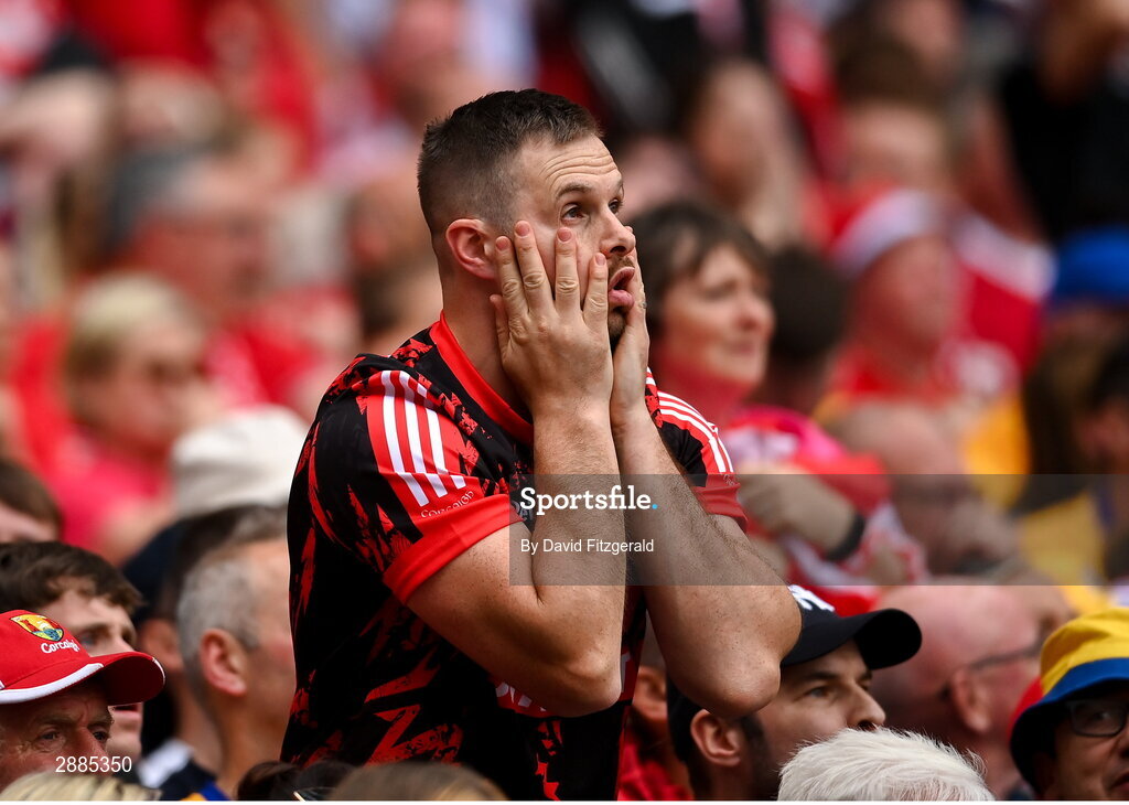 21 July 2024; A Cork supporter reacts during the GAA Hurling All-Ireland Senior Championship Final between Clare and Cork at Croke Park in Dublin. Photo by David Fitzgerald/Sportsfile