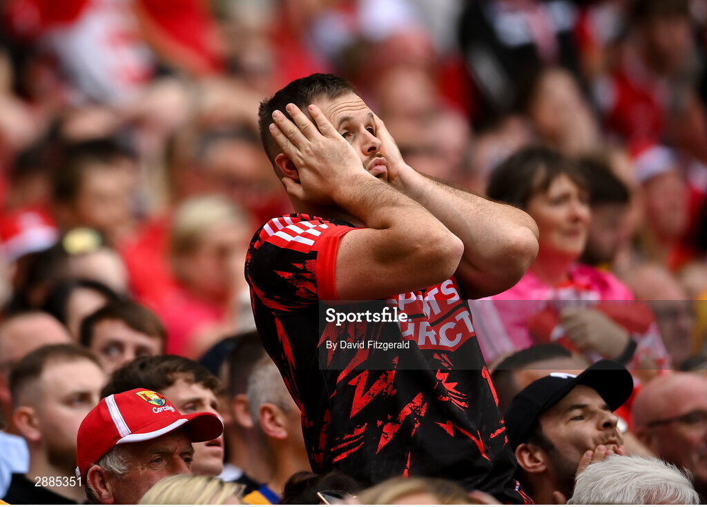 21 July 2024; A Cork supporter reacts during the GAA Hurling All-Ireland Senior Championship Final between Clare and Cork at Croke Park in Dublin. Photo by David Fitzgerald/Sportsfile