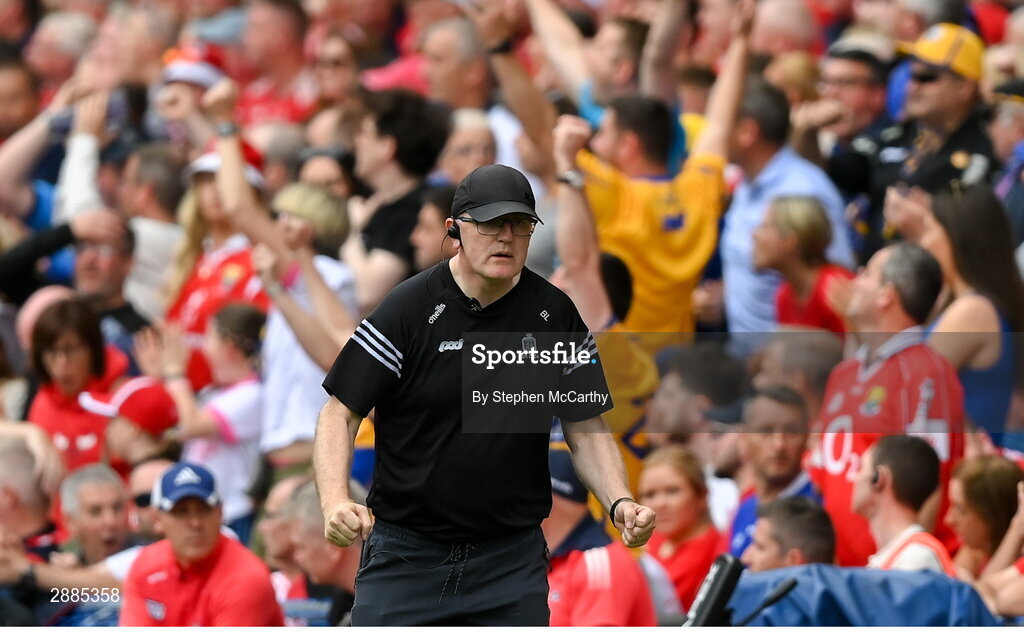 21 July 2024; Clare manager Brian Lohan celebrates his side's third goal during the GAA Hurling All-Ireland Senior Championship Final between Clare and Cork at Croke Park in Dublin. Photo by Stephen McCarthy/Sportsfile