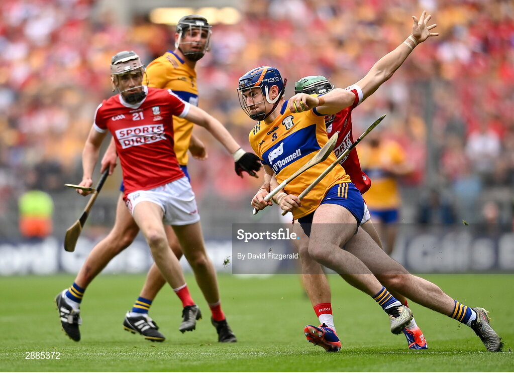 21 July 2024; David Fitzgerald of Clare in action against Mark Coleman of Cork during the GAA Hurling All-Ireland Senior Championship Final between Clare and Cork at Croke Park in Dublin. Photo by David Fitzgerald/Sportsfile