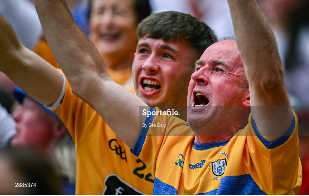 21 July 2024; Clare supporters celebrate their side's third goal during the GAA Hurling All-Ireland Senior Championship Final match between Clare and Cork at Croke Park in Dublin. Photo by Seb Daly/Sportsfile