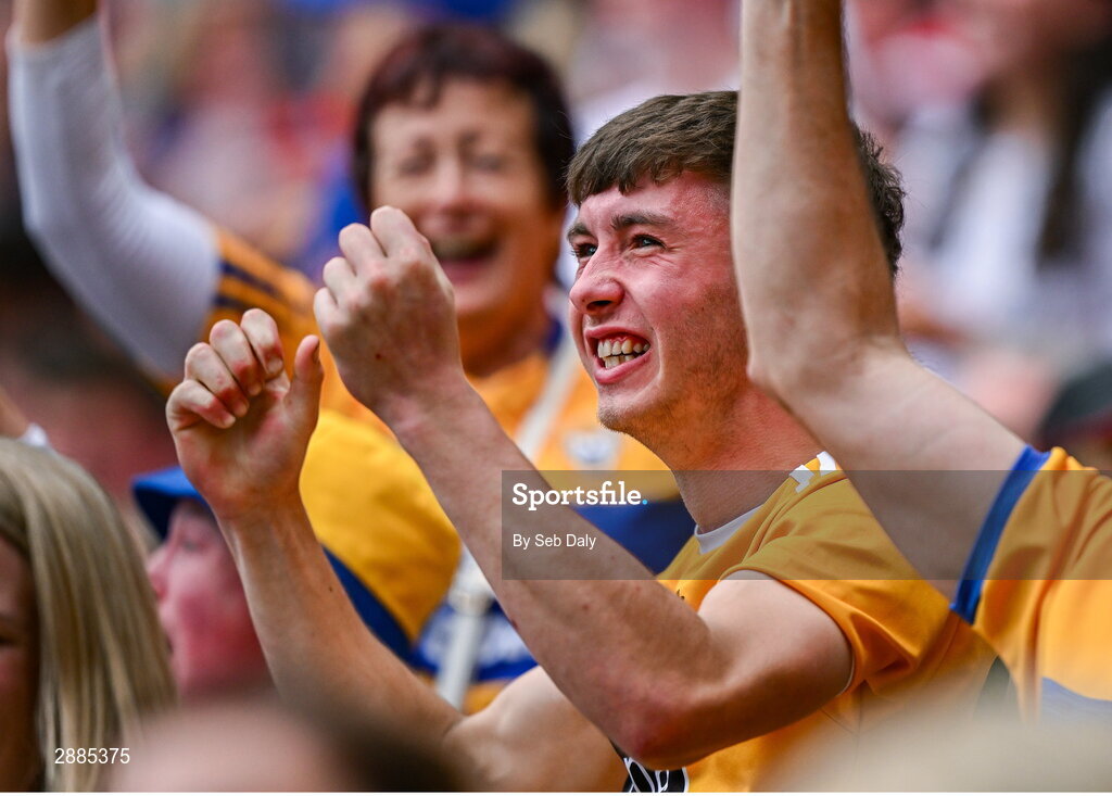 21 July 2024; A Clare supporter celebrates his side's third goal during the GAA Hurling All-Ireland Senior Championship Final match between Clare and Cork at Croke Park in Dublin. Photo by Seb Daly/Sportsfile