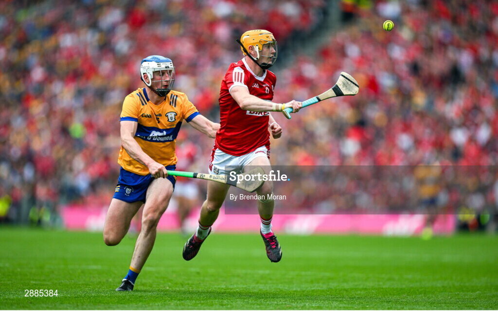 21 July 2024; Shane Barrett of Cork in action against Diarmuid Ryan of Clare during the GAA Hurling All-Ireland Senior Championship Final between Clare and Cork at Croke Park in Dublin. Photo by Brendan Moran/Sportsfile