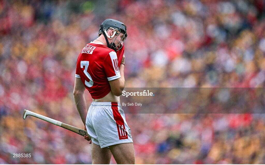 21 July 2024; Eoin Downey of Cork reacts during the GAA Hurling All-Ireland Senior Championship Final match between Clare and Cork at Croke Park in Dublin. Photo by Seb Daly/Sportsfile