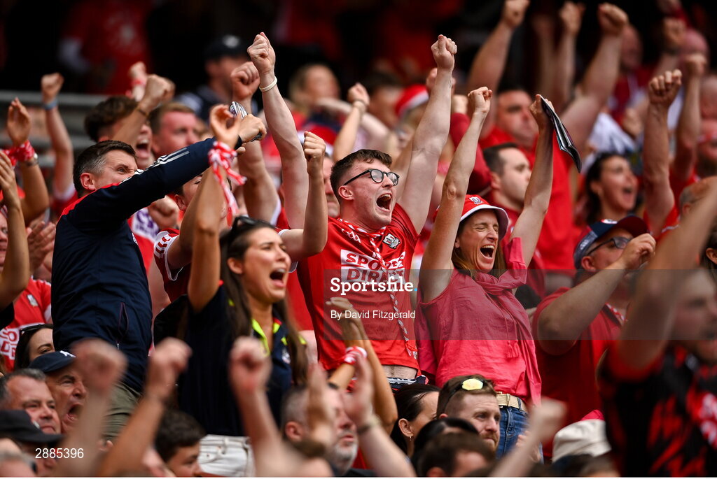 21 July 2024; Cork supporters celebrate a score during the GAA Hurling All-Ireland Senior Championship Final between Clare and Cork at Croke Park in Dublin. Photo by David Fitzgerald/Sportsfile