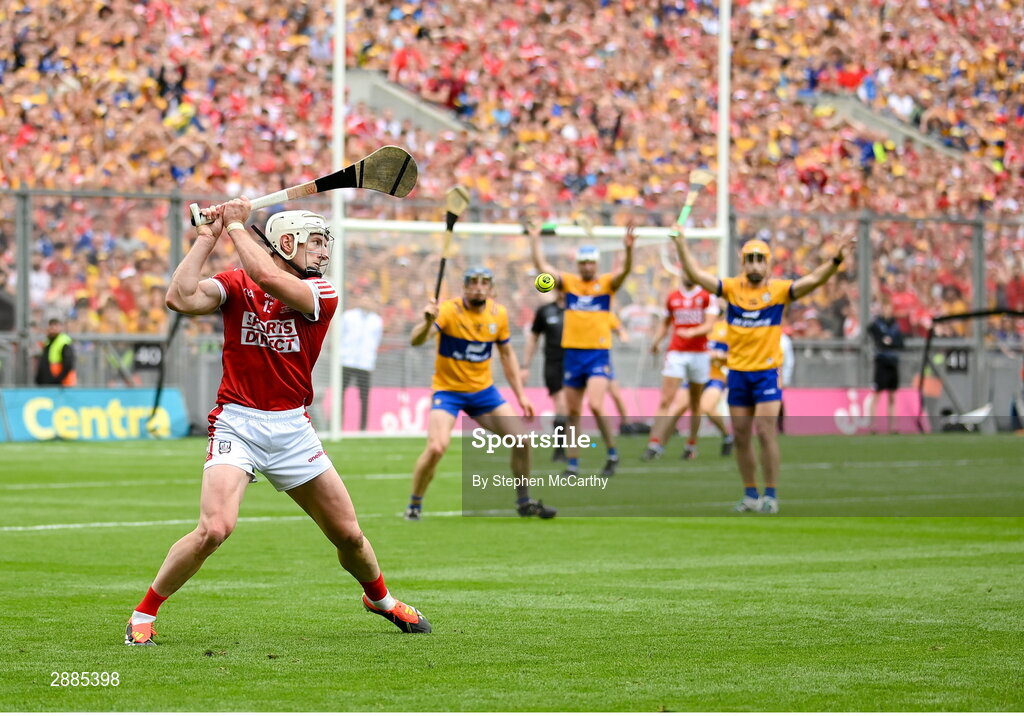 21 July 2024; Patrick Horgan of Cork scores a free to level the game in normal time during the GAA Hurling All-Ireland Senior Championship Final between Clare and Cork at Croke Park in Dublin. Photo by Stephen McCarthy/Sportsfile
