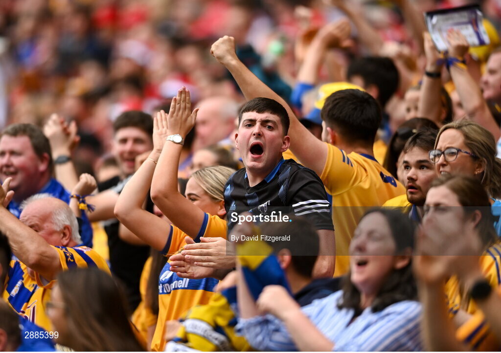 21 July 2024; Clare supporters react during the GAA Hurling All-Ireland Senior Championship Final between Clare and Cork at Croke Park in Dublin. Photo by David Fitzgerald/Sportsfile