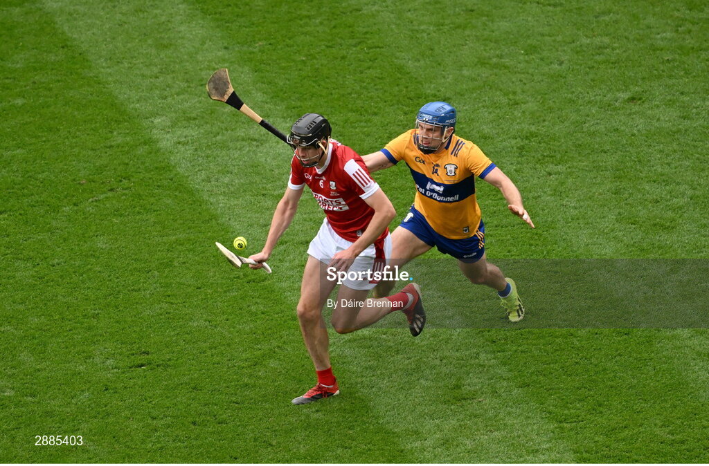 21 July 2024; Robert Downey of Cork in action against Shane O'Donnell of Clare during the GAA Hurling All-Ireland Senior Championship Final between Clare and Cork at Croke Park in Dublin. Photo by Daire Brennan/Sportsfile