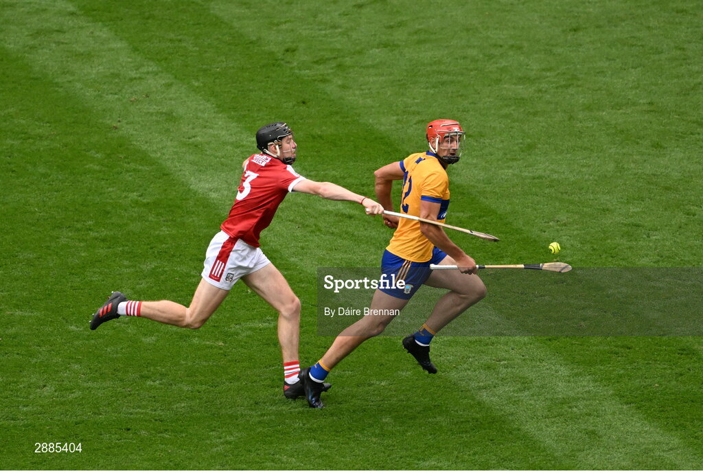 21 July 2024; Peter Duggan of Clare in action against Eoin Downey of Cork during the GAA Hurling All-Ireland Senior Championship Final between Clare and Cork at Croke Park in Dublin. Photo by Daire Brennan/Sportsfile