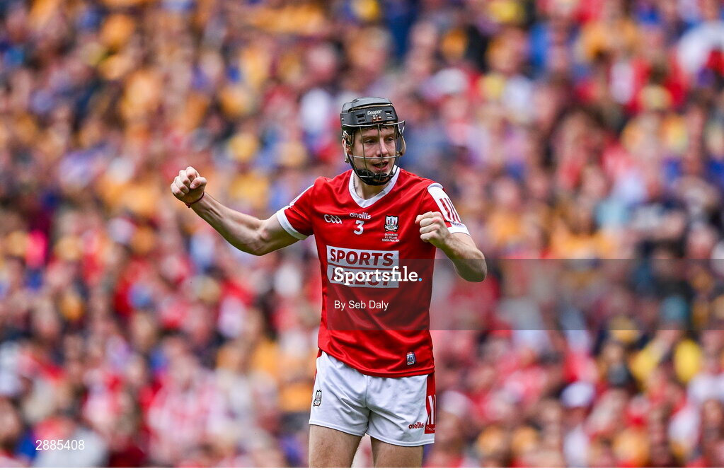 21 July 2024; Eoin Downey of Cork celebrates after winning a free during the GAA Hurling All-Ireland Senior Championship Final match between Clare and Cork at Croke Park in Dublin. Photo by Seb Daly/Sportsfile
