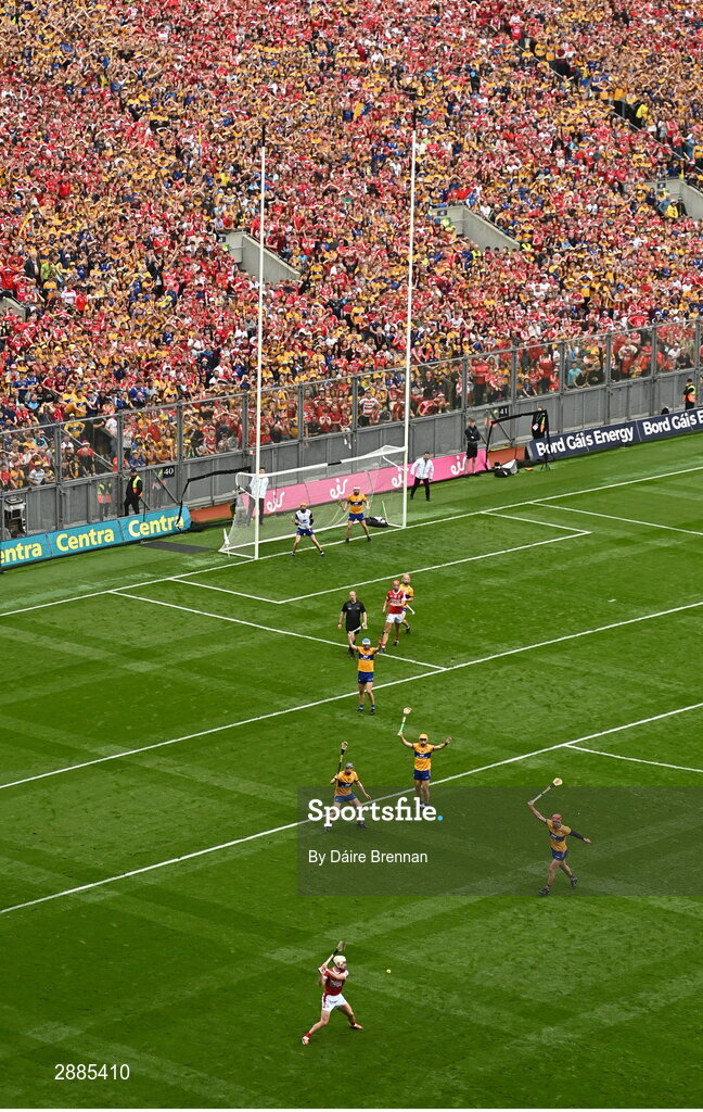21 July 2024; Patrick Horgan of Cork scores the equalising point from a free near the end of the GAA Hurling All-Ireland Senior Championship Final between Clare and Cork at Croke Park in Dublin. Photo by Daire Brennan/Sportsfile