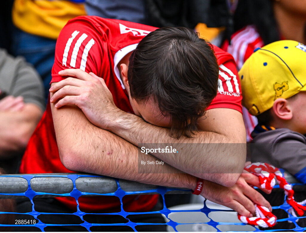21 July 2024; A Cork supporter reacts during the GAA Hurling All-Ireland Senior Championship Final match between Clare and Cork at Croke Park in Dublin. Photo by Seb Daly/Sportsfile