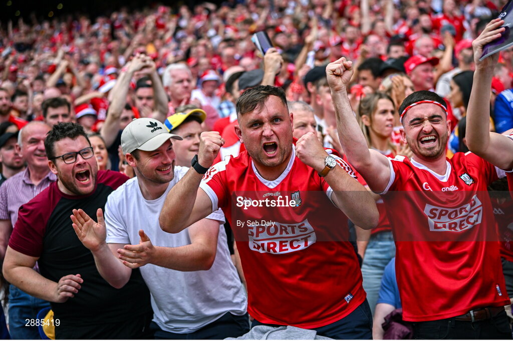 21 July 2024; Cork supporters react during the GAA Hurling All-Ireland Senior Championship Final match between Clare and Cork at Croke Park in Dublin. Photo by Seb Daly/Sportsfile