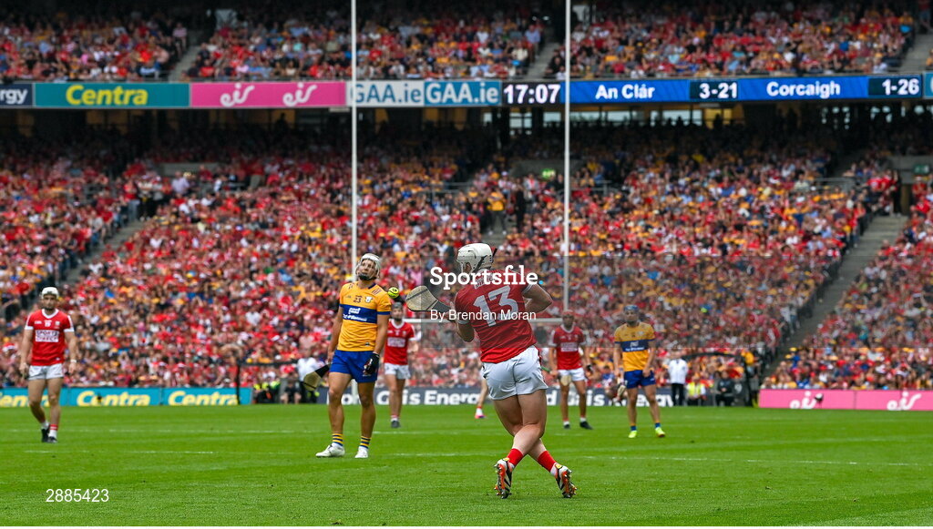 21 July 2024; Patrick Horgan of Cork scores his side's final point in normal time during the GAA Hurling All-Ireland Senior Championship Final between Clare and Cork at Croke Park in Dublin. Photo by Brendan Moran/Sportsfile