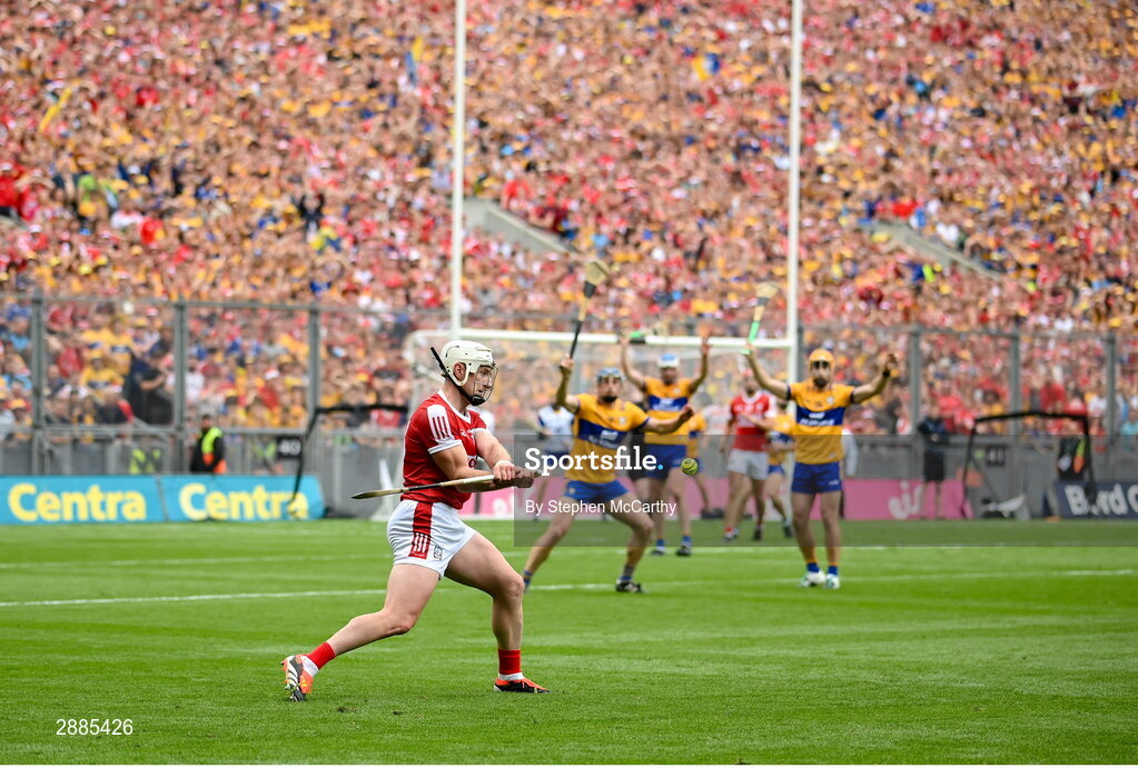 21 July 2024; Patrick Horgan of Cork scores a free to level the game in normal time during the GAA Hurling All-Ireland Senior Championship Final between Clare and Cork at Croke Park in Dublin. Photo by Stephen McCarthy/Sportsfile