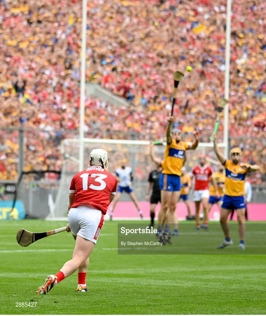 21 July 2024; Patrick Horgan of Cork scores a free to level the game in normal time during the GAA Hurling All-Ireland Senior Championship Final between Clare and Cork at Croke Park in Dublin. Photo by Stephen McCarthy/Sportsfile