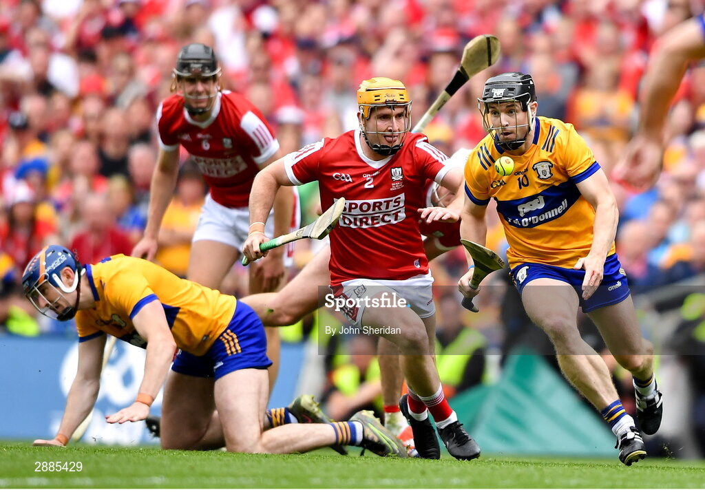 21 July 2024; Tony Kelly of Clare in action against Niall O'Leary of Cork  during the GAA Hurling All-Ireland Senior Championship Final between Clare and Cork at Croke Park in Dublin. Photo by John Sheridan/Sportsfile