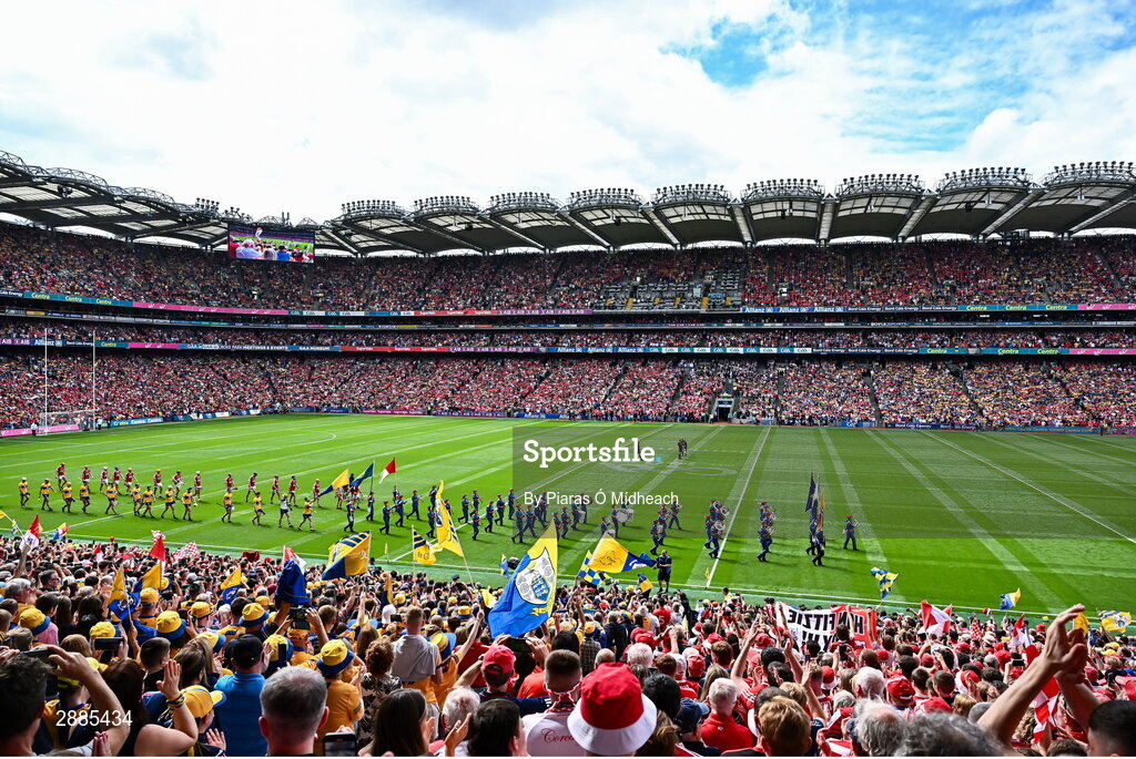 21 July 2024; Players march behind the Artane Band before the GAA Hurling All-Ireland Senior Championship Final between Clare and Cork at Croke Park in Dublin. Photo by Piaras Ó Mídheach/Sportsfile