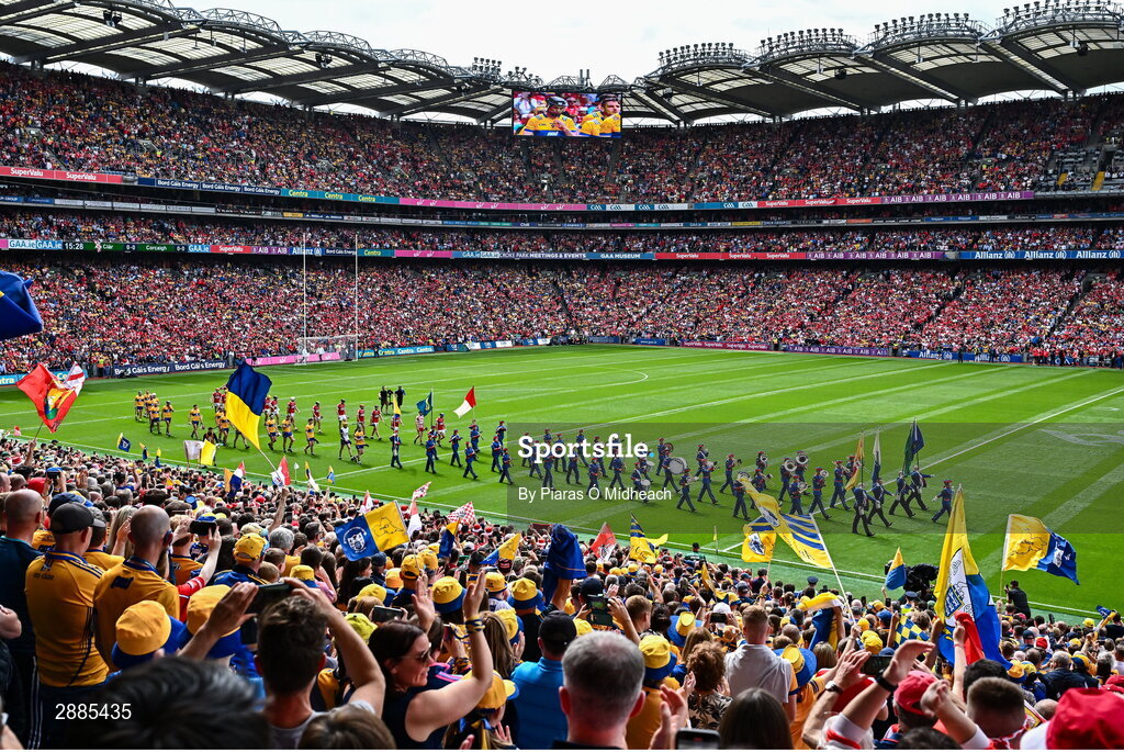 21 July 2024; Players march behind the Artane Band before the GAA Hurling All-Ireland Senior Championship Final between Clare and Cork at Croke Park in Dublin. Photo by Piaras Ó Mídheach/Sportsfile