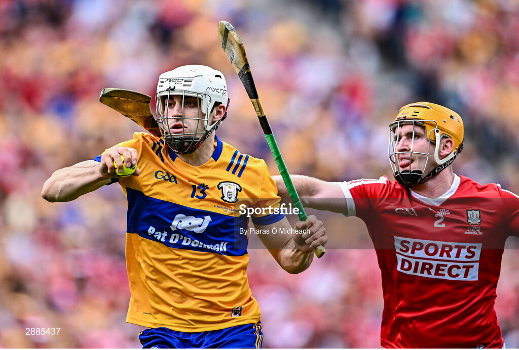 21 July 2024; Aidan McCarthy of Clare in action against Niall O'Leary of Cork during the GAA Hurling All-Ireland Senior Championship Final between Clare and Cork at Croke Park in Dublin. Photo by Piaras Ó Mídheach/Sportsfile