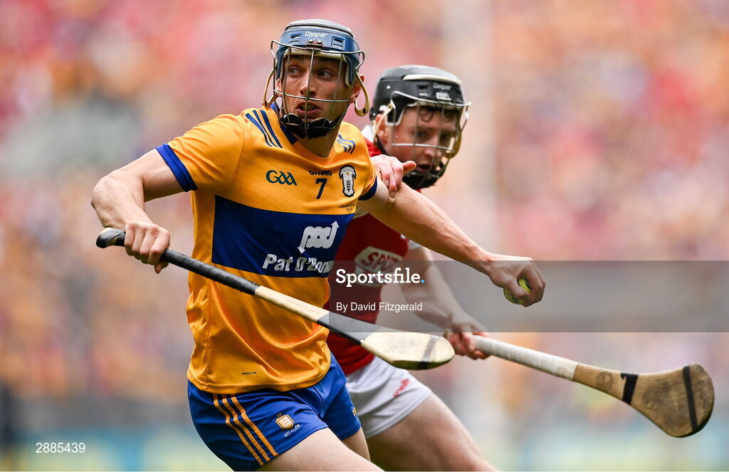 21 July 2024; David McInerney of Clare in action against Jack O'Connor of Cork during the GAA Hurling All-Ireland Senior Championship Final between Clare and Cork at Croke Park in Dublin. Photo by David Fitzgerald/Sportsfile