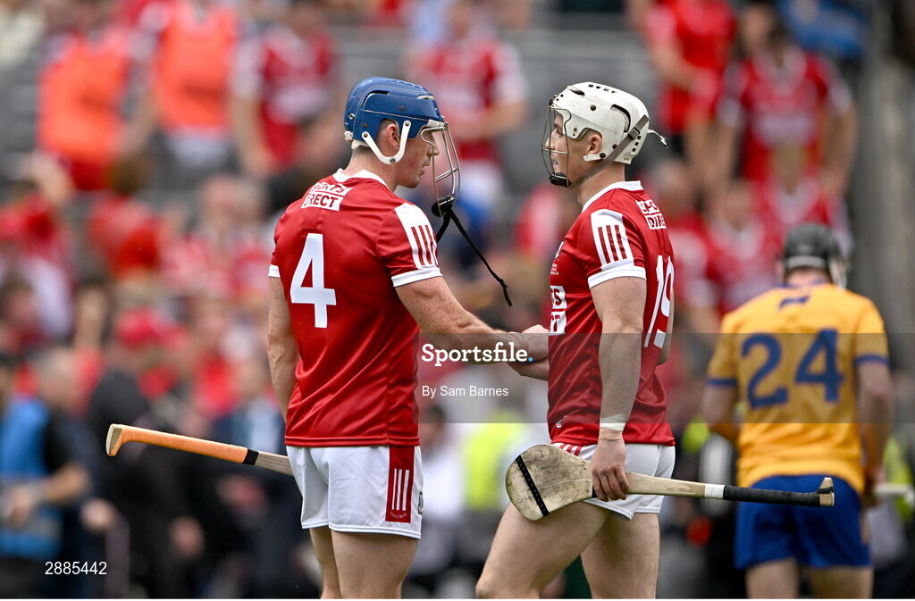 21 July 2024; Seán O'Donoghue of Cork, left, celebrates with team-mate Tommy O'Connell as the game goes to extra time during the GAA Hurling All-Ireland Senior Championship Final between Clare and Cork at Croke Park in Dublin. Photo by Sam Barnes/Sportsfile