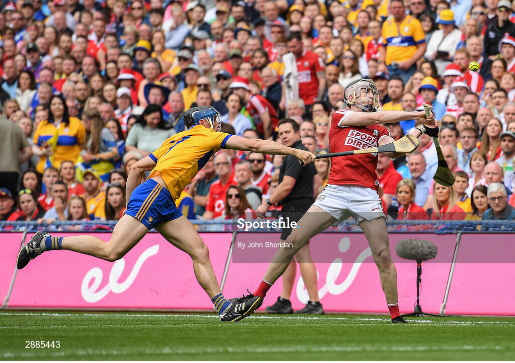 21 July 2024; Ethan Twomey of Cork in action against David McInerney of Clare during the GAA Hurling All-Ireland Senior Championship Final between Clare and Cork at Croke Park in Dublin. Photo by John Sheridan/Sportsfile