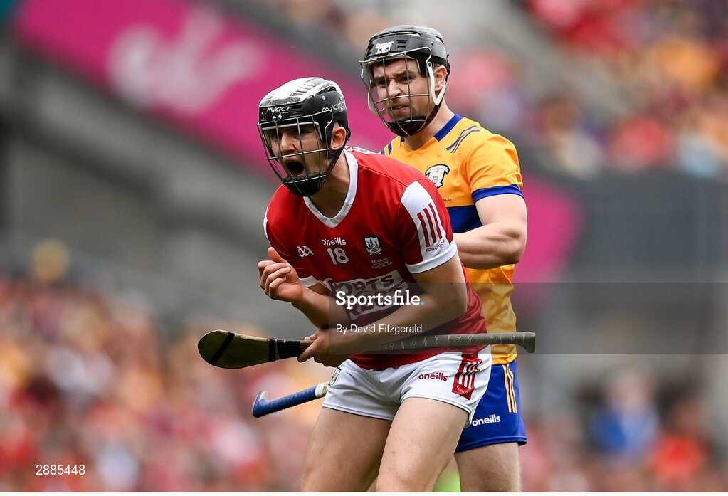 21 July 2024; Tony Kelly of Clare and Ger Mellerick of Cork tussle during the GAA Hurling All-Ireland Senior Championship Final between Clare and Cork at Croke Park in Dublin. Photo by David Fitzgerald/Sportsfile