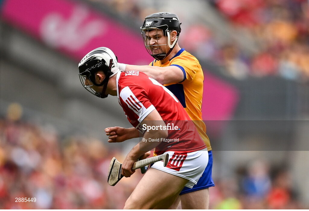 21 July 2024; Tony Kelly of Clare and Ger Mellerick of Cork tussle during the GAA Hurling All-Ireland Senior Championship Final between Clare and Cork at Croke Park in Dublin. Photo by David Fitzgerald/Sportsfile