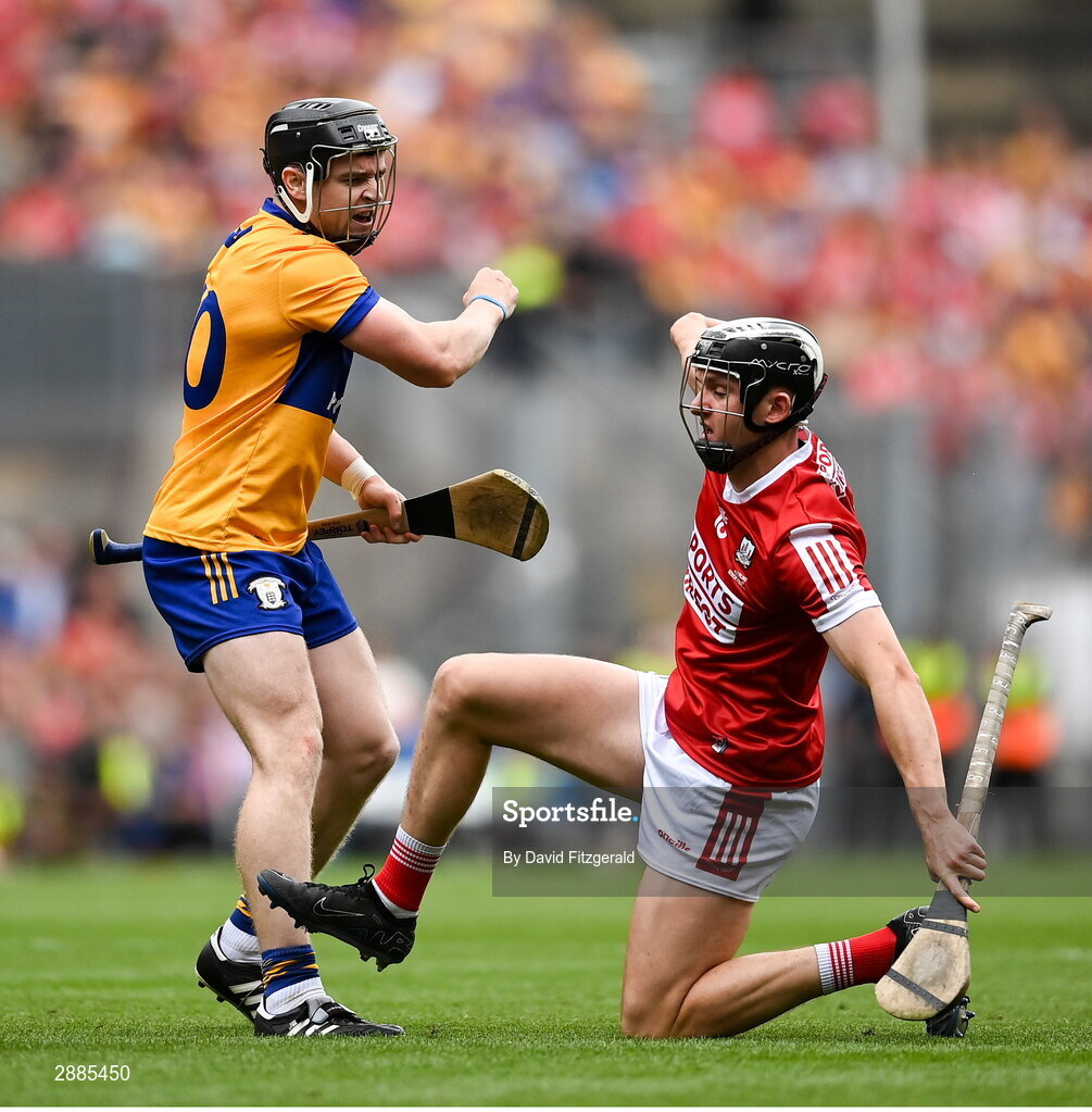 21 July 2024; Tony Kelly of Clare and Ger Mellerick of Cork tussle during the GAA Hurling All-Ireland Senior Championship Final between Clare and Cork at Croke Park in Dublin. Photo by David Fitzgerald/Sportsfile